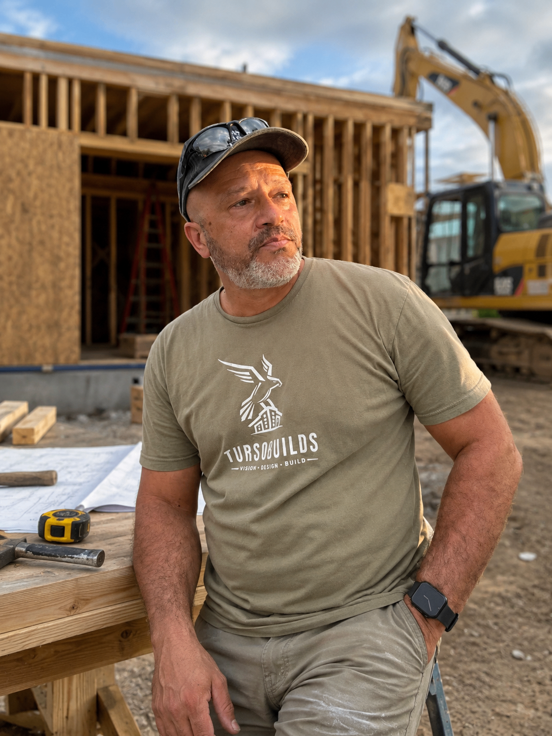 Man at a construction site wearing an olive custom t-shirt with Tursbuilds logo.