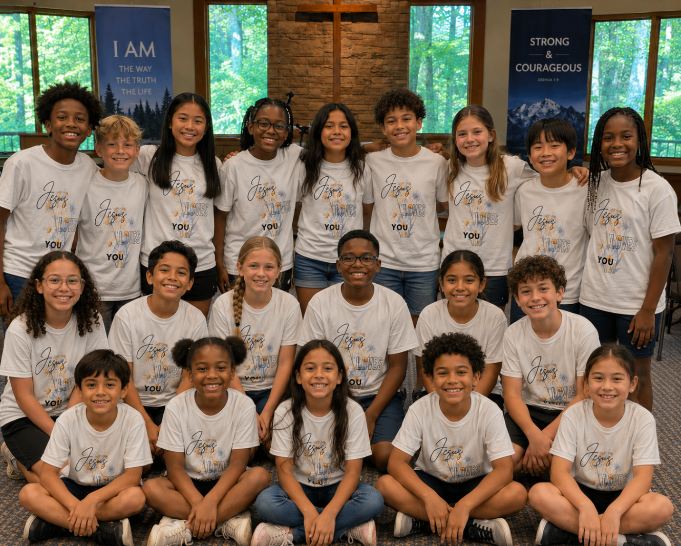 Large group wearing matching custom white t-shirts inside a church.