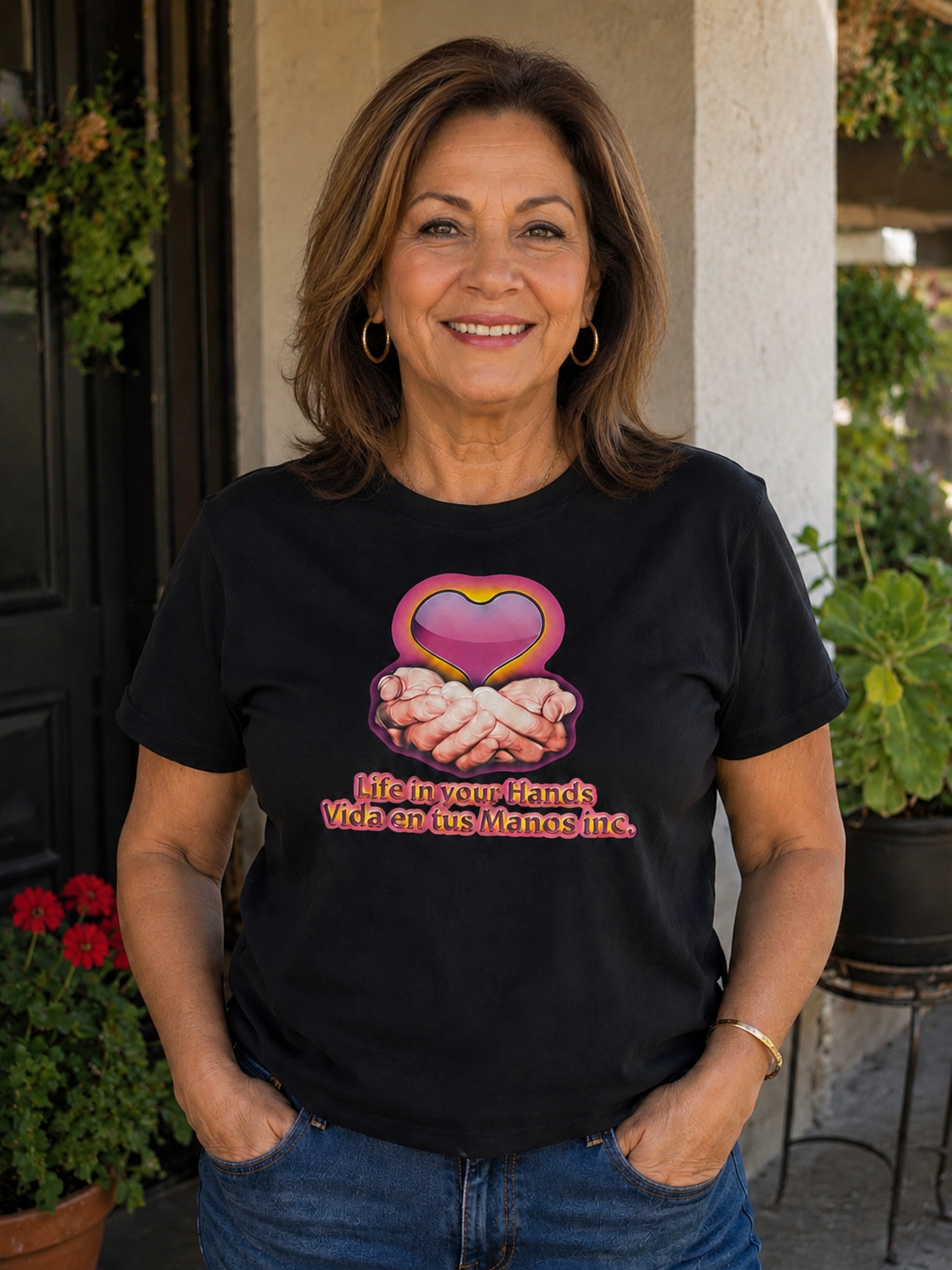 Woman wearing custom Life in your Hands / Vida en tus Manos t-shirt.